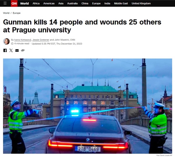 체코 프라하 카렐대에서 발생한 총기 난사 사건을 보도하는 미 CNN 방송