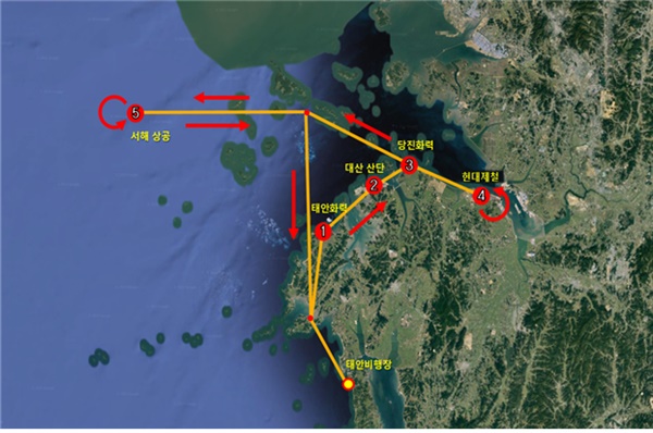 충남 서북부 해안 항공 관측 경로(비행거리 300km, 약 1시간 소요)