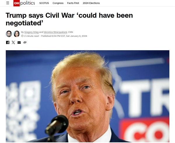 도널드 트럼프 전 미국 대통령이 미국 남북전쟁에 대해 협상으로 피할 수 있었다고 시사해 구설수에 올랐다.
