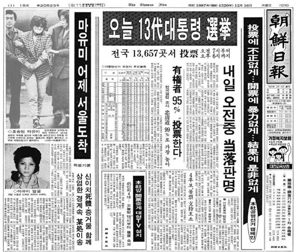 1987년 12월 16일 조선일보 1면. 대통령 선거 기사 옆에 마유미(김현희)가 국내에 압송되는 사진이 실렸다.