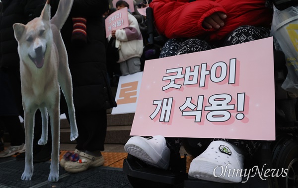 개 식용 종식을 위한 국민행동 회원들이 9일 오후 서울 여의도 국회 본청 앞 계단에서 기자회견을 열고 개의 식용 목적의 사육·도살 및 유통 등 종식에 관한 특별법 통과를 환영했다.