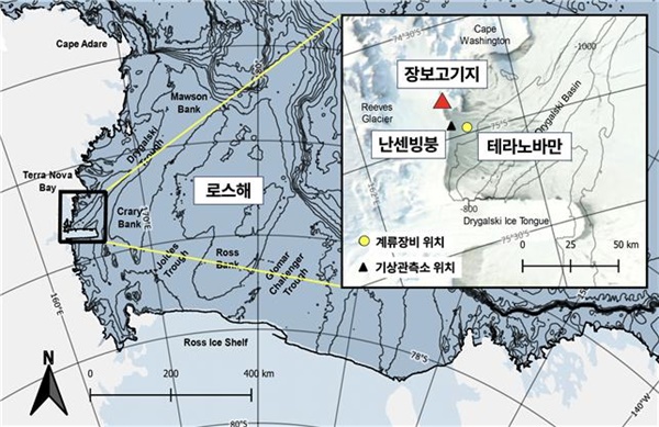 남극 테라노바만 관측장비 설치 위치(노란색 원).