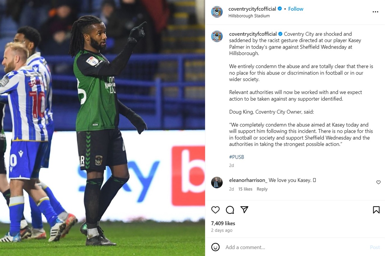 케이시 팔머에 대한 인종차별을 규탄하는 잉글랜드 프로축구 코번트리 시티 소셜미디어