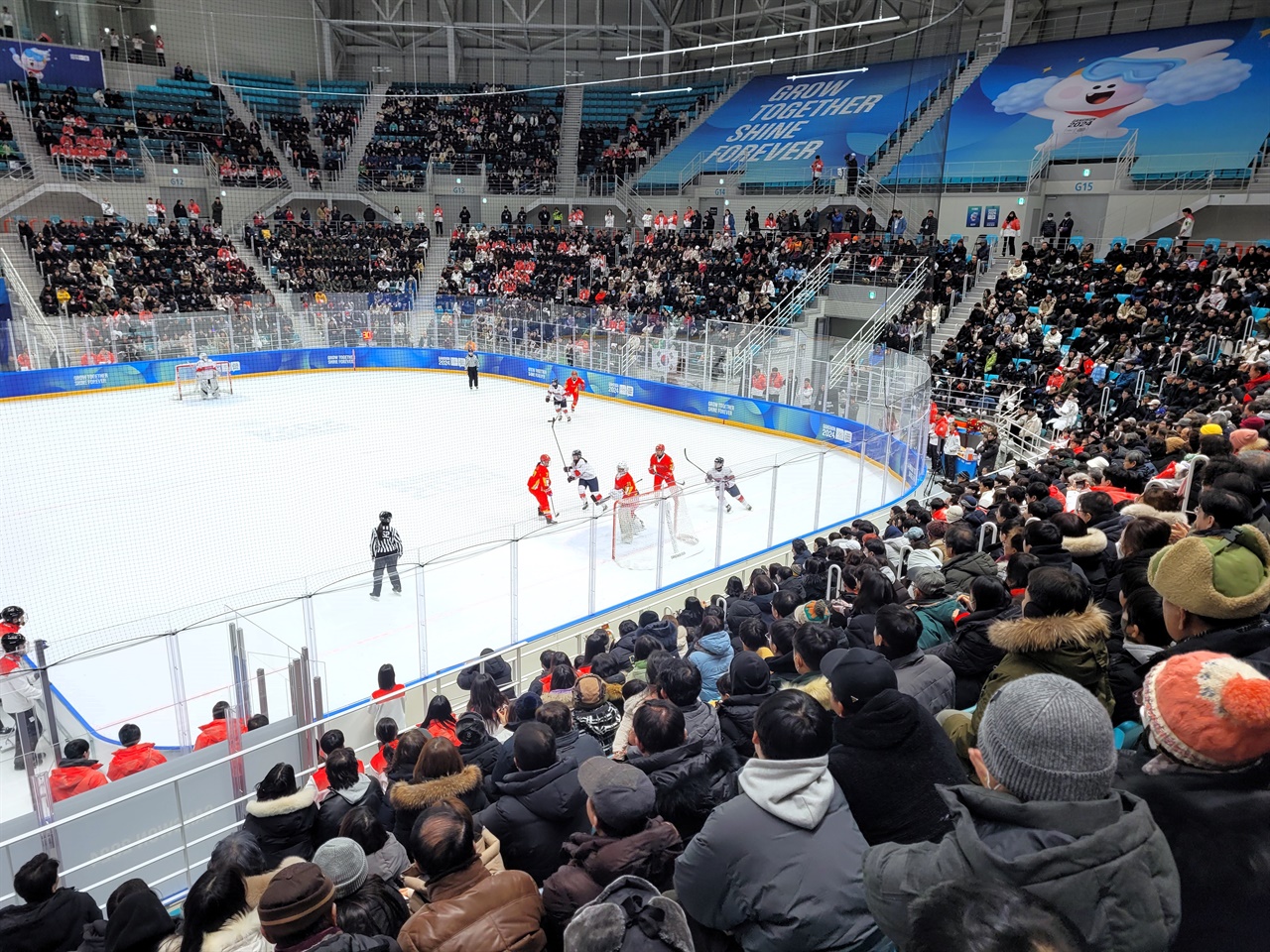  24일 강릉하키센터에서 열린 2024 강원 동계 청소년 올림픽 3 온 3 여자 아이스하키 준결승전에서 관중들이 열띤 응원을 펼치고 있다.