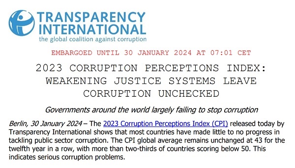 국제투명성기구가 발표한 '2023 국가별 부패인식지수(Corruption Perceptions Index·이하 CPI)' 보도자료.