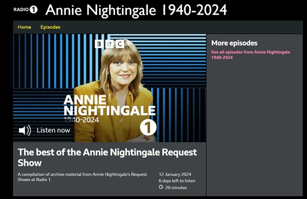  BBC 라디오1에서 애니 나이팅게일을 추모하기 위해 올린 아카이브 음성 페이지 갈무리