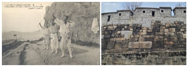 일제강점기 당시 낙산 좌룡정에서 활을 내는 활량들의 모습(왼쪽). 지금 좌룡정은 사라지고 한양도성 성벽에 흔적만 남았다.