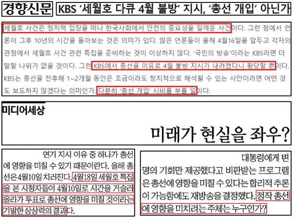 KBS ‘세월호 참사 다큐 4월 불방’ 지시를 ‘총선 개입’이라고 비판한 경향신문