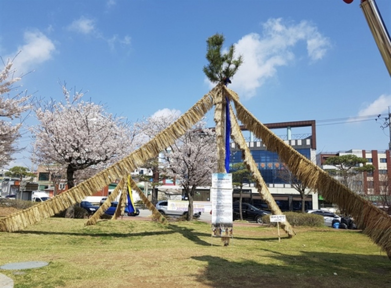  지난 2019년 서산호수공원의 볏가릿대 세우기 모습. 