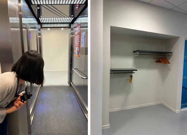 덴마크장애인협회(DPOD) 건물의 양문개방형 엘리베이터(좌)와 방문객을 위한 서로 다른 높낮이의 옷걸이(우)
