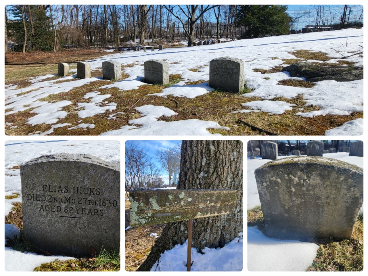 제리코 미팅하우스 곁의 공동묘지에는 제리코를 개척한 퀘이커 시먼스 일가를 비롯 힉스 가족들의 묘소도 함께 있다. 엘리아스 힉스 부부와 가족이 묘지 앞쪽에 나란히 영면에 들어있다. 오래된 표지판이 희미하게 그의 무덤이 있는 자리라고 알려주고 있다. 아마도 근간에 다시 새겨진 듯한 엘리아스 힉스 가족의 묘비와 달리 세월에 닳아 잘 알아볼 수 없는 발렌타인 힉스 가족을 찾느라 꽤 애를 먹었다. 