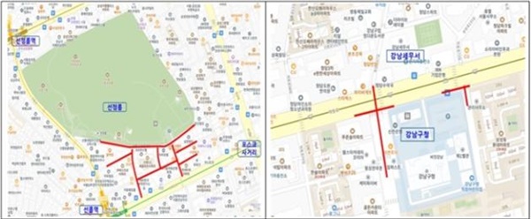 침수해소 기본용역을 실시하는 선정릉(왼쪽)과 강남구청 지역 일대 모습.