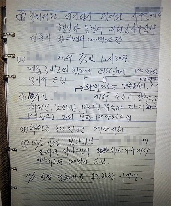 청주시 문의면 소재 카페업자가 작성한 메모장.