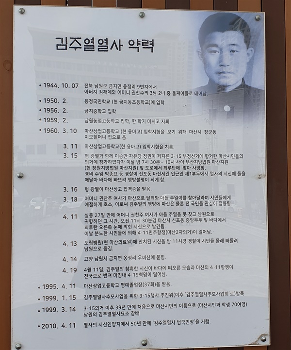 추모의 벽에 김주열 열사의 약력이 소개되어 있다.