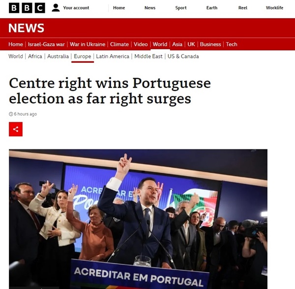 BBC 등 외신에 따르면 10일(현지시간) 이루어진 포르투갈 총선 결과 사회민주당과 그 외 군소정당 두 개가 합친 중도우파 연합 민주동맹(AD)과 사회당은 각각 29.5%와 28.7%의 득표율을 얻었다. 이에 따라 2015년부터 집권 중인 사회당을 대신해 민주동맹이 1당에 올랐다.