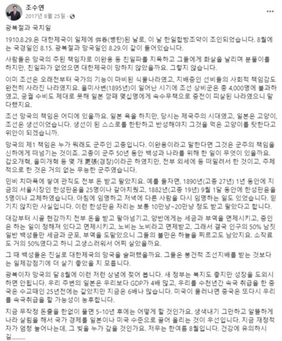 조수연 국민의힘 예비후보(대전 서구갑)이 2017년 페이스북에 올린 글