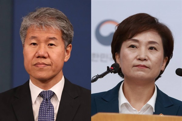 왼쪽부터 김수현 전 청와대 대통령비서실 정책실장, 김현미 전 국토교통부 장관