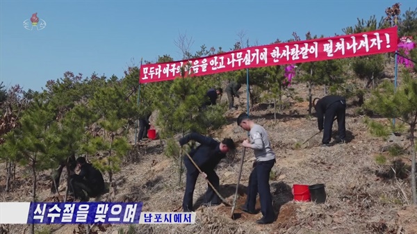 북한 조선중앙TV는 우리의 식목일에 해당하는 식수절을 맞아 여러 도·시·군들에서 나무심기를 진행했다고 14일 보도했다. [조선중앙TV 화면]

