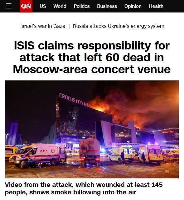 러시아 모스크바 외곽 공연장 총격 테러를 보도하는 미 CNN방송