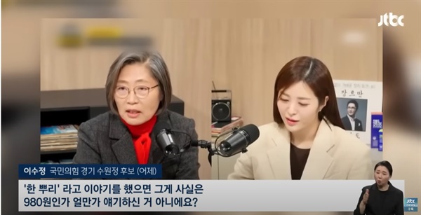 지난 25일 국민의힘 이수정 경기수원정 후보가 JTBC 유튜브 '장르만 여의도'에 출연해 한 '대파 한뿌리에 980원' 발언이 논란이 되고 있다.