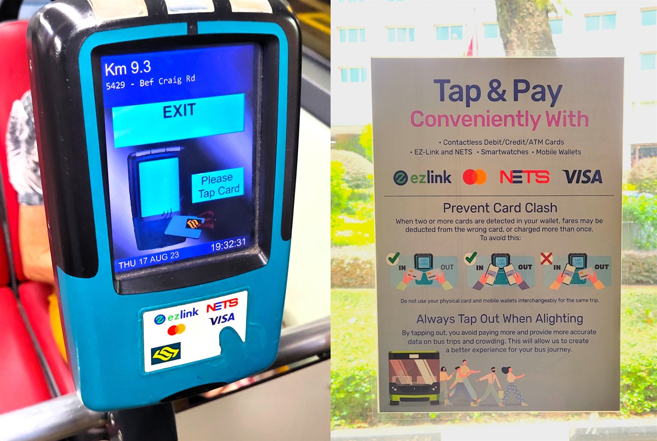 싱가포르 시내버스에서는 교통카드 단말기(왼쪽)에 교통카드인 '이지링크'의 로고 뿐만 아니라 마스터카드·비자 로고도 함께 있어 '오픈 루프'가 지원됨을 알 수 있다. 해당 정책을 알리는 전단지(오른쪽)도 버스나 지하철마다 붙어 있다.