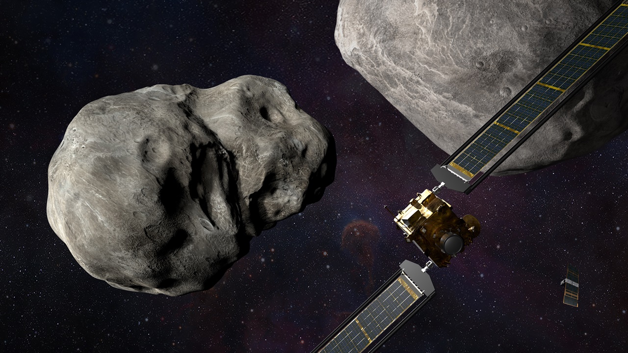 소행성 궤도 변경을 위해 발사된 충돌위성이 소행성 디모르포스에 충돌하는 상상도.