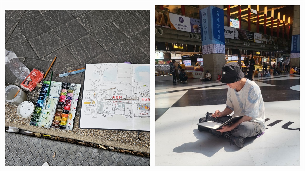  왼쪽은 시먼딩 스케치를 마치고 찍은 사진이고, 오른 쪽은 타이베이 중앙역에서 스케치 하는 장면