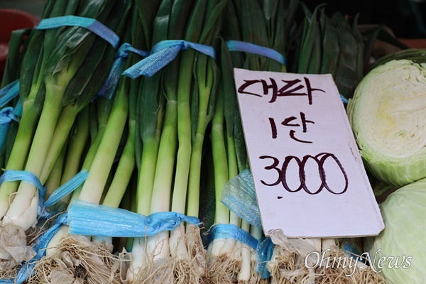 3월 30일 창원 성산구 한 전통시장에 진열되어 있는 한 묶음 3000원짜리 대파.