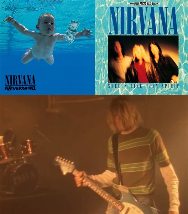  너바나의 앨범 Nevermind'와 싱글 'Smells Like Teen Spirit' 표지 및 뮤직비디오의 한 장면