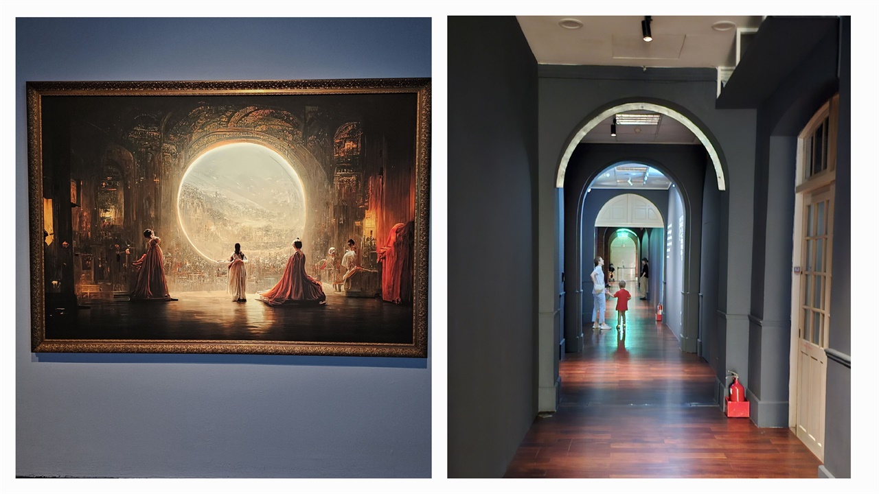  왼쪽은 AI 그림 '스페이스 오페라 극장'이고 오른쪽은 당대예술관 복도다.