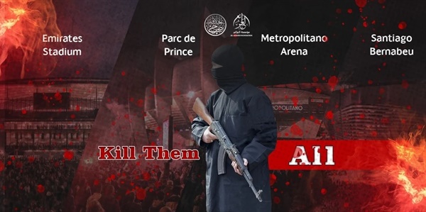 유럽 챔피언스리그 8강전 경기장들에 대한 테러 위협을 알리는 이슬람국가(IS) 포스터