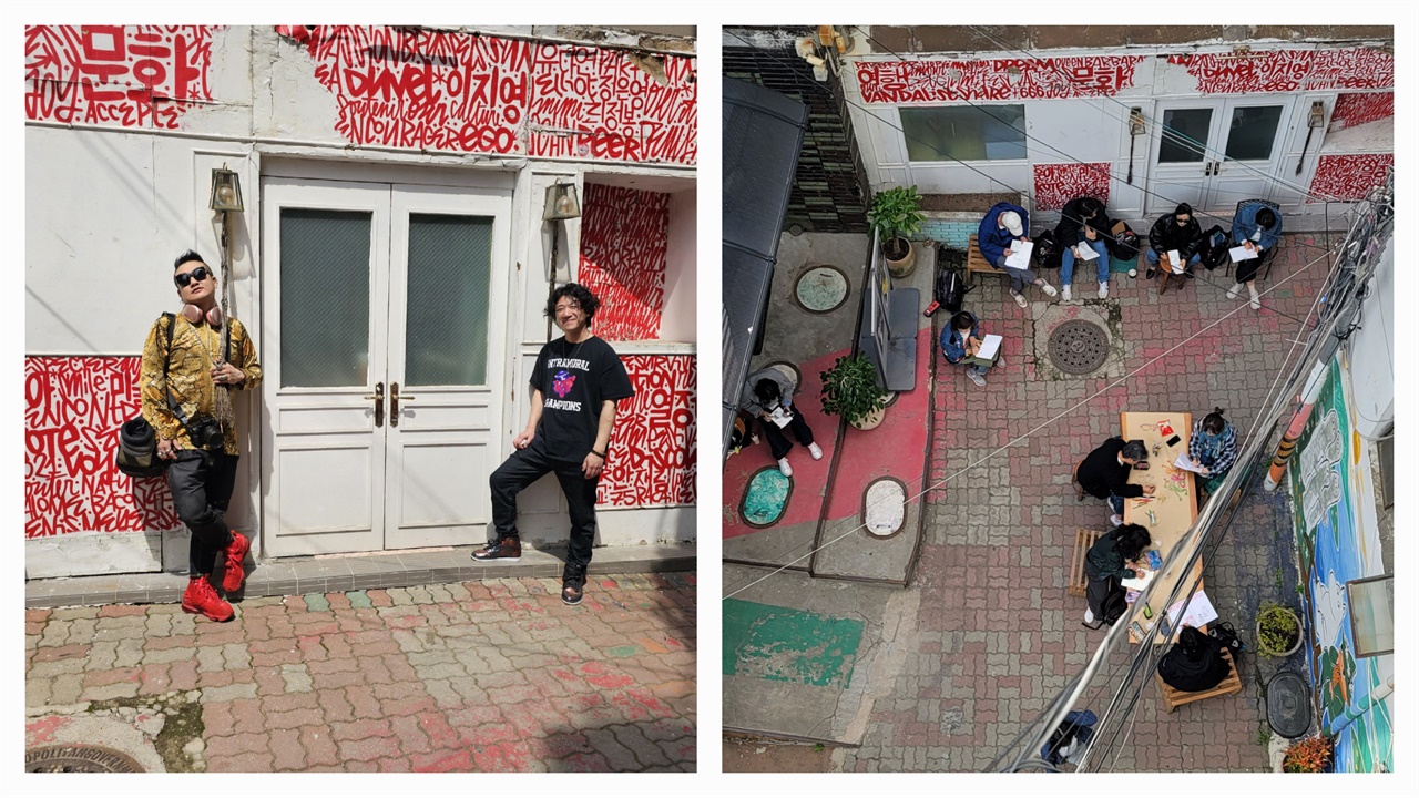  드니 메이어스의 그래피티 앞에 포즈를 위한 실키웜즈 밴드 멤버들과 그림에 열중인 어반스케처들.