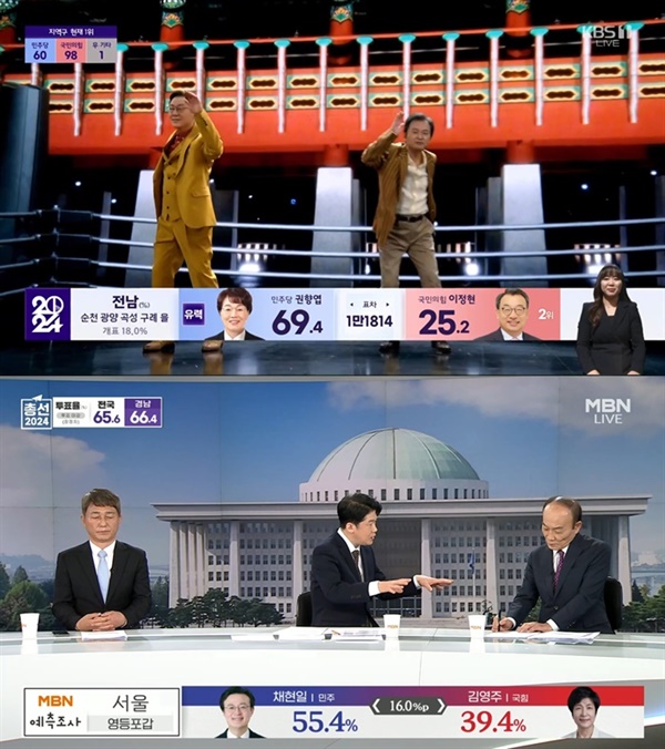  KBS (맨위)와 MBN 4.10 총선 개표방송의 한 장면.