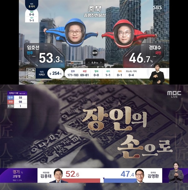  SBS (맨위)와 MBC 4.10 총선 개표방송의 한 장면.