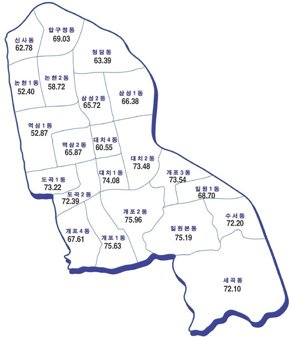 제22대 총선 서울 강남구 동별 투표율.(단위 %)