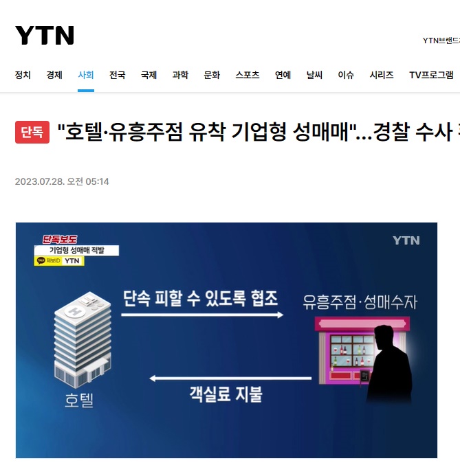 지난해 7월 28일 YTN은 B관광호텔과 A유흥주점이 유착해 성매매를 알선한 의혹이 있어 경찰이 강제수사에 나섰다고 단독보도했다.