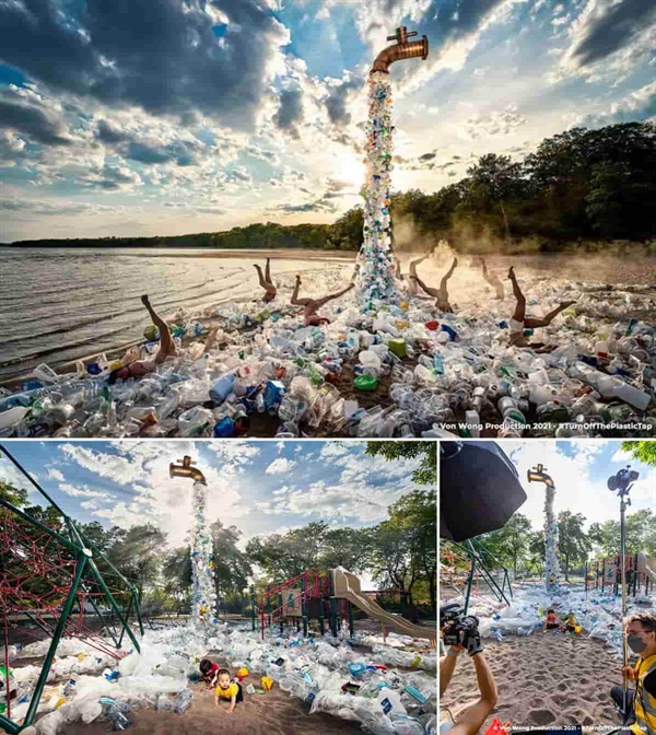 웡 예술가가 2021년 10월 공개한 거대 플라스틱 수도꼭지 작품 사진. 처음 공개됐을 당시에는 페이스북 등 소셜미디어 접속 오류가 화제를 휩쓸며 주목받지 못했다.