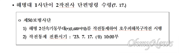해병대사령부 작전처가 더불어민주당 박주민 의원실에 제출한 자료에 따르면 작전통제권은 7월 17일 오전 10시부로 해병1사단에서 육군50사단으로 이양됐다.