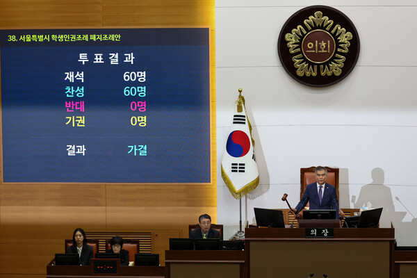 26일 서울시의회에서 열린 제323회 서울특별시의회 임시회 3차 본회의에서 학생인권조례 폐지안이 통과되고 있다.