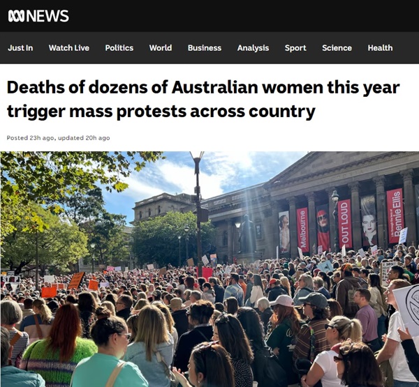호주 캔버라에서 열린 여성에 대한 폭력 근절 집회를 보도하는 ABC 방송 