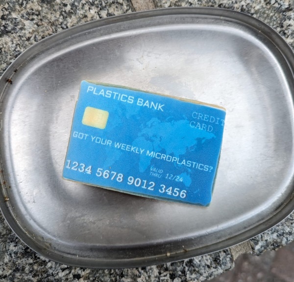 각국 대표단에게 플라스틱 신용카드 쿠키를 전달하는 국제 시민 사회 활동가들. 인류는 매주 평균 2,000개의 플라스틱 조각을 섭취하고 있고, 이는 신용카드 무게와 같다는 메시지를 전달하고 있다.