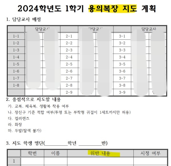 서울 A고가 만든 용의복장 검사 문서. ©서울 A고