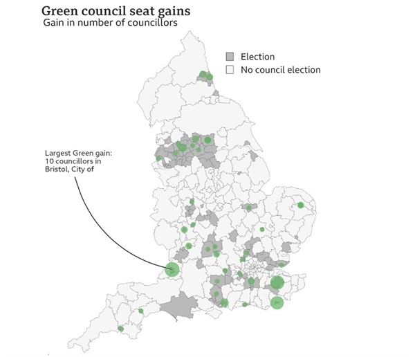 2024년 영국 지방선거에서 영국 녹색당 당선 지역(BBC 홈페이지 화면)