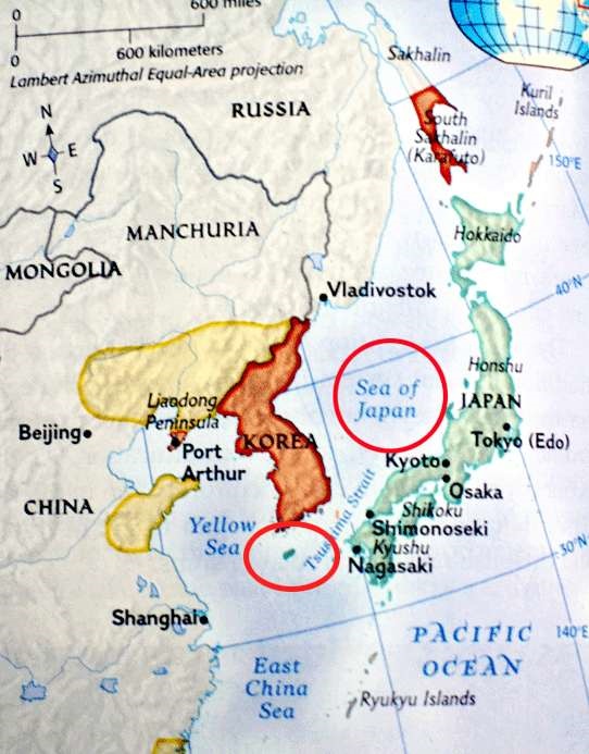 미국 교과서에 동해를 일본해로 제주를 일본 영토로 표기한 페이지