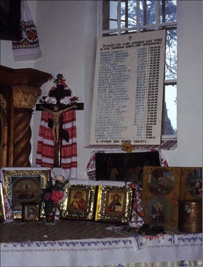 우크라이나 키에프에 있는 체르노빌 피난 이주민거주지역의 한 성당에 체르노빌 사고로 사망한 38명의 명단이 적혀있었다. 1994년 최예용 촬영 