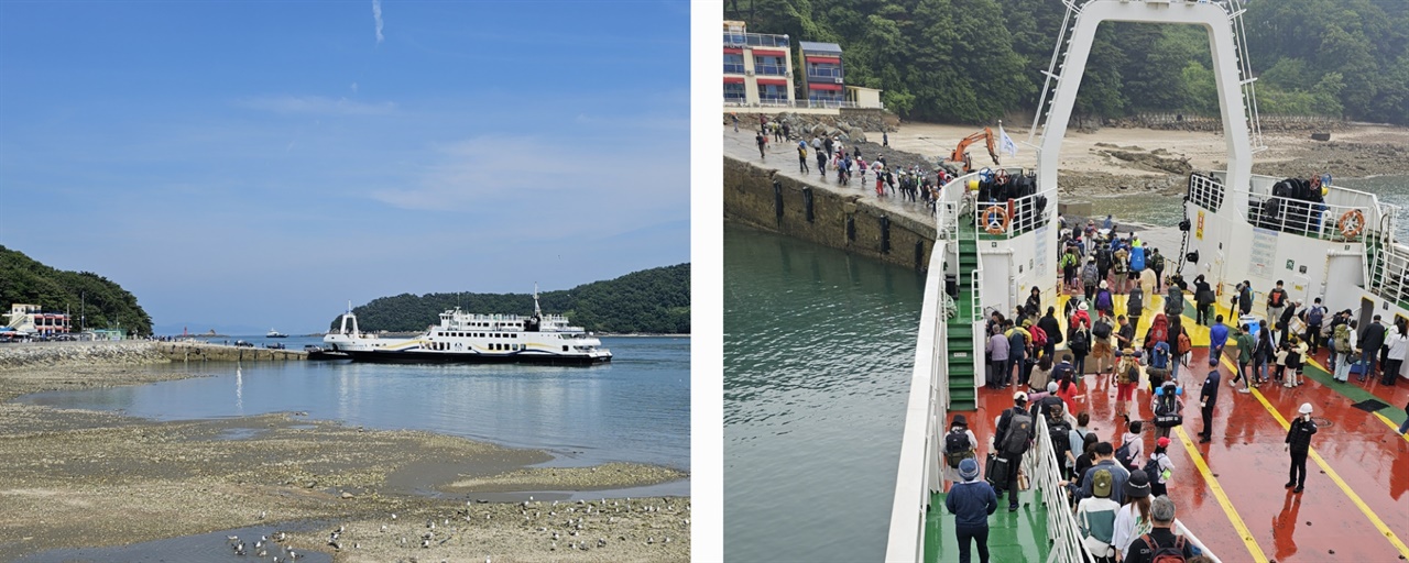  왼쪽은 여객선이 덕적도에 입항하는 모습이고 오른쪽은 하선하는 승객들 사진이다. 비가 많이 와서 갑판이 젖어 있다.