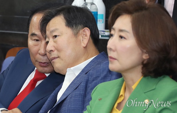 이철규 국민의힘 의원이 13일 오전 서울 여의도 국회에서 열린 의원총회에서 박덕흠 의원과 대화하고 있다. 오른쪽은 나경원 의원. 