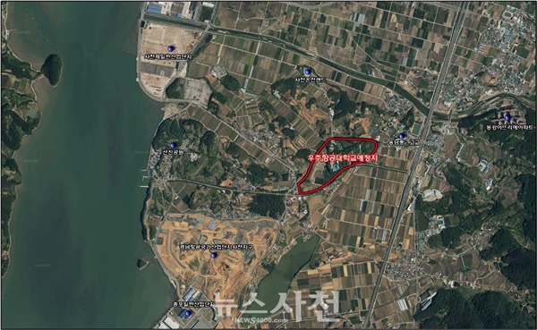  경상국립대학교 교수회가 "창원대학교의 사천시 우주항공캠퍼스 설립에 반대한다"며, 긴급 성명서를 발표했다. 사진은 우주항공 캠퍼스 위치도 (사진=뉴스사천 DB)