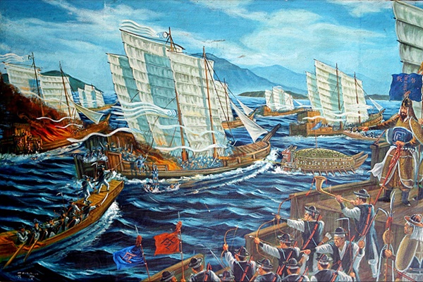 1598년 11월 19일 노량에서 벌어진 전투를 그린 노량해전도. 지인인 박근세씨가 보내왔다 .