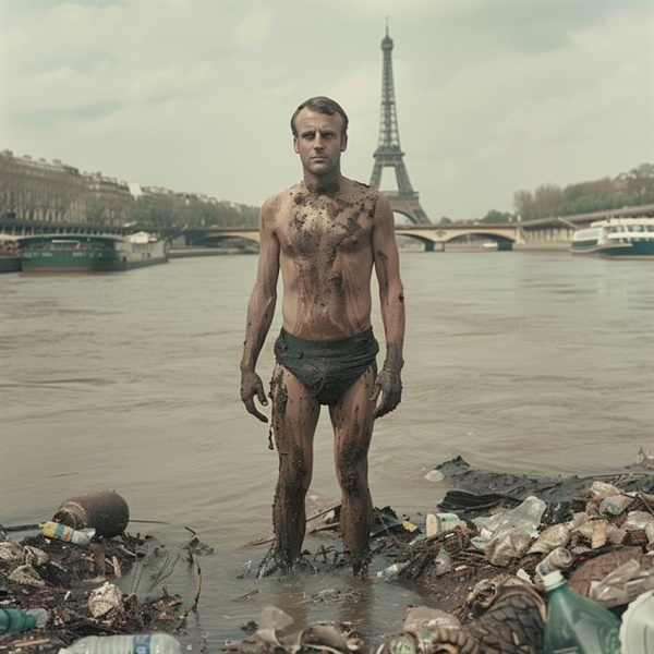 에마뉘엘 마크롱 프랑스 대통령이 센강에서 오물을 뒤집어 쓴 합성사진